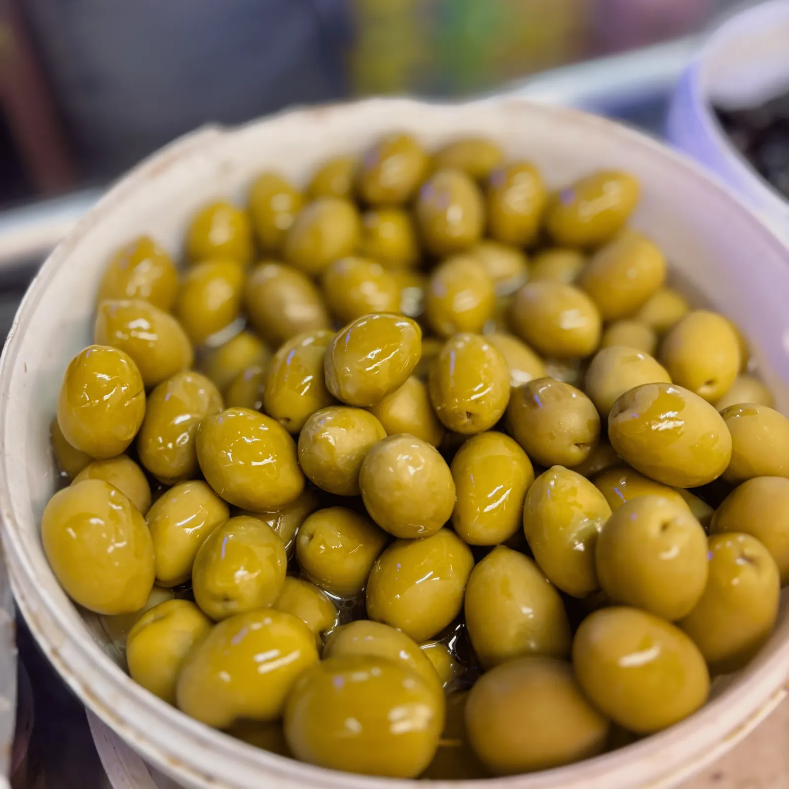 Kalamata and green olives at Stratos Market, Anaxos