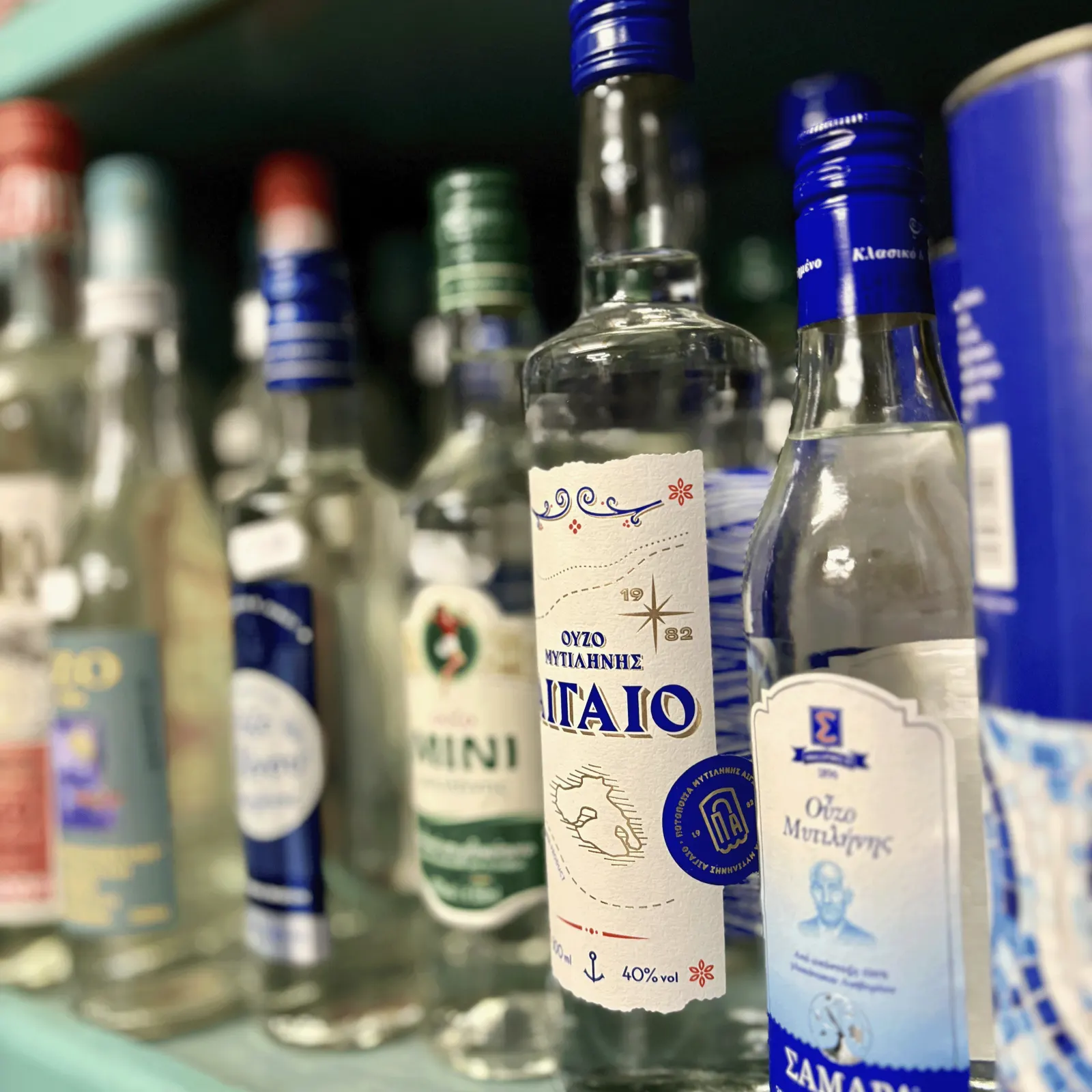 Lesvos ouzo and tsipouro at Stratos Market, Anaxos